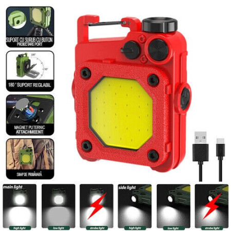 Lanterna Mini de Buzunar Tip Breloc,  Incarcare prin USB Type C, Multifunctionala, pentru Exterior, Camping, Alpinism, Ciclism, Mini Lanterna Elvis, 6.1 x 5 x 2.5 cm, Lumina Puternica, Culoare Rosu