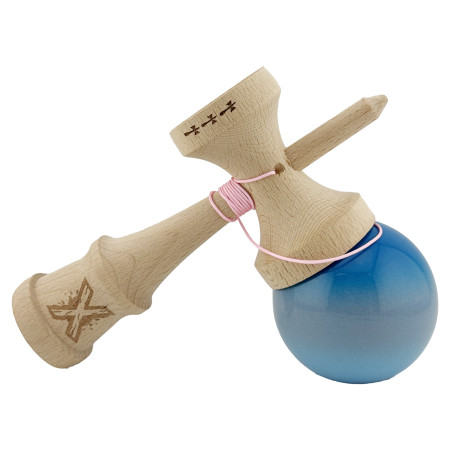 Kendama X Originala, Profesionala, Cyrax, Big Cups V2, Super Sticky Cupe Mari, Rulment Metalic cu Ata 55 cm, Albastru/Gri/Bleu