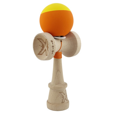 Kendama X Originala, Profesionala, Cyrax, Rubber Grip, Cupe Mari KING SIZE V3, Gaura in Baza, Rulment Metalic, din lemn 18 cm, Ata 62/65 cm, Bicolor Galben/Portocaliu