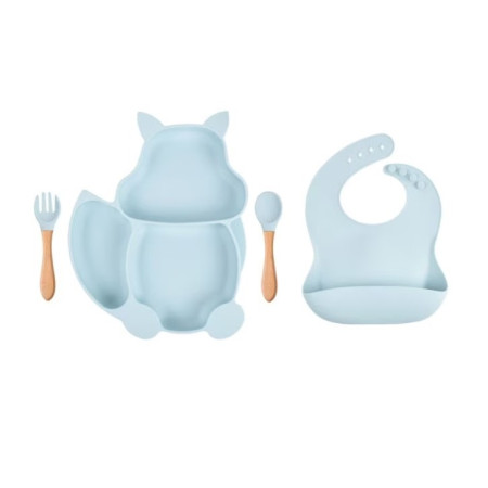 Set 10 piese diversificare bebelusi si copii din silicon Cyrax, baveta, farfurie compartimentata cu ventuza, bol cu ventuza, tacamuri din lemn si silicon, cana pentru gustari, fara alergeni, baby blue