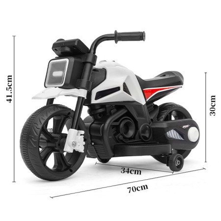 Motocicleta Electrica cu 2 Roti Mari si 2 Roti Ajutatoare, Cyrax, Acumulator Incarcare, Anti-Rasturnare, Lumini, Muzica, Motor:380, Baterie 6V4.5, 41.5x70x34 cm, 4.5 Kg, 3 Ani+, Alb Negru
