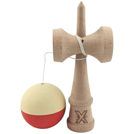 Kendama X Originala, Profesionala, Cyrax, Rubber Grip, din Lemn, 18 cm, Galben deschis/Rosu