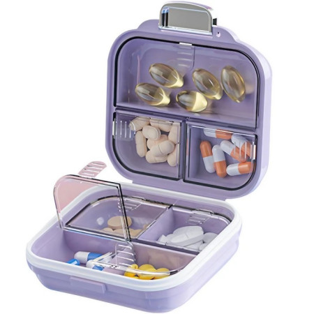Cutie Medicamente,  Mov, 7 Compartimente, Portabila si Compacta, 7.8x7.2x3.5 cm, Ideala pentru Uzul Cotidian