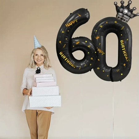 Balon din Folie Metalizata Cyrax, Figurina Cifra, Scris Happy Birthday, Tema Aniversare 100 cm, Ambalaj Individual, Pai inclus, Umflare cu Aer sau Heliu, Negru, Cifra 6