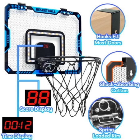 Cos de Baschet pentru Copii, Cyrax, cu Tablou de Bord Electronic, Minge, Pompa, 2 Moduri, Interior/Exterior, Inel Metalic si Rabatabil cu Arc, Luminos, 41x31x5 cm, Multicolor