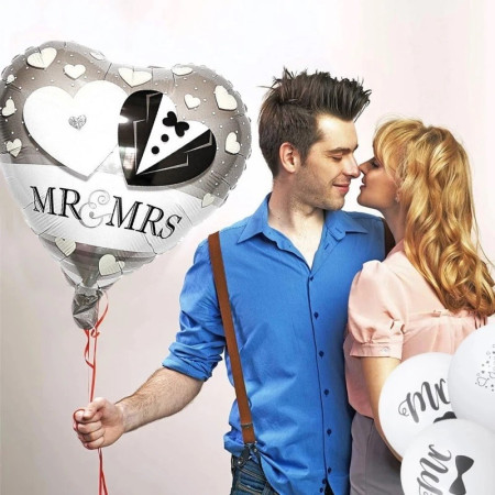 Balon din Folie Metalizata, Cyrax, Figurina Inima, Model Mr&Mrs, Tema Nunta, 45 cm, Ambalaj Individual, Pai Inclus, Umflare cu Aer sau Heliu, Gri