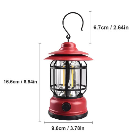 Portable camping light, vintage lantern with hook, ABS, 21 COB LED lighting, adjustable intensity, 5W, reversible, red rechargeable