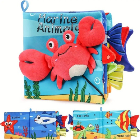 Carte Senzoriala, Cyrax, pentru Bebelusi, 15x16x4 cm, cu Animalute, 3D, Cu Sunete si Fosnete, 0-3 Ani, Model Crab, Multicolor