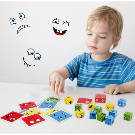 Jucarie Pentru Copii Montessori Cyrax, Cub din Lemn, Asamblare Fete, 64 de Carti Distractive, pentru Baieti si Fete, Varsta +3 ani, Educativ, Cutie din Aluminiu, 13.5 x 4 x 9 cm, multicolor