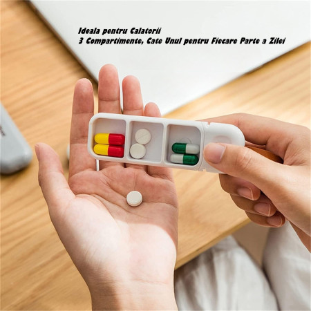 Cutie Depozitare Medicamente,  Portabila, 3 Compartimente, Tip Breloc, Plastic, Glisanta, Gri, 10.7x3.6x1.6 cm