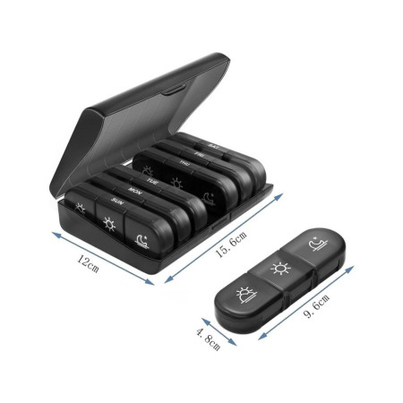 Cutie Depozitare Medicamente,  7 Zile, 21 Compartimente, Cutie Suport, Recipiente Detasabile, Portabila, Negru, 15.6x12 cm