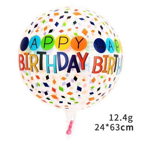 Balon din Folie Metalizata, Cyrax, Figurine 4D, Model Happy Birthday, Tematica Aniversara Bombonele, 63x24 cm, Ambalaj Individual, Pai Inclus, Umflare cu Aer sau Heliu, Alb-Multicolor