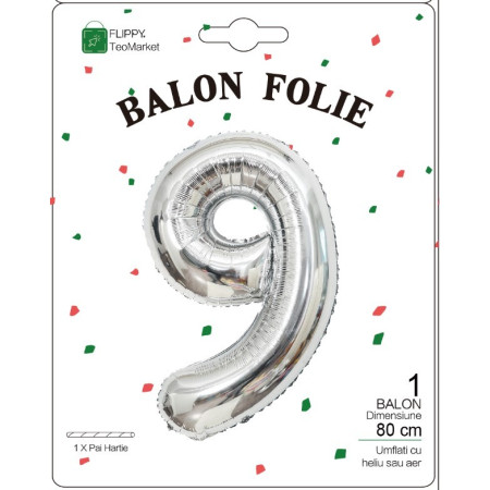 Balon din Folie Metalizata, Cyrax, Figurina Cifra, Tema Aniversare 80 cm, Ambalaj Individual, Pai inclus, Umflare cu Aer sau Heliu, Argintiu, Cifra 9