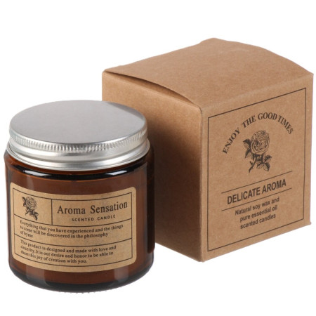 Lumanare Parfumata,  Model Borcan Maro, Aroma de Lavanda, din Ceara Vegetala, 6 x 6.5 x 6.5 cm, Maro