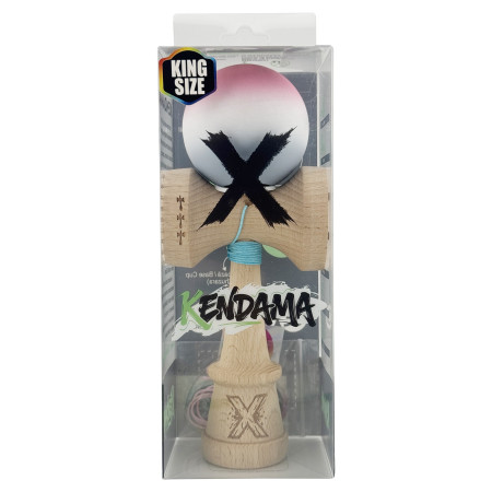 Kendama X Originala, Profesionala, Cyrax, Rubber Grip, Cupe Mari KING SIZE V3, Gaura in Baza, Rulment Metalic, din lemn 18 cm, Ata 62/65 cm, Gradient Roz/Alb/Gri