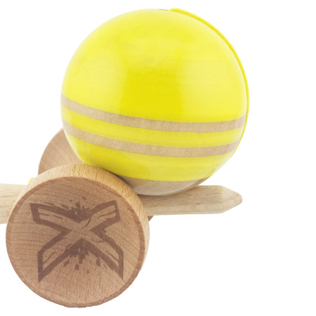 Kendama X Rainbow Originala, Profesionala, Cyrax, Big Cups V2, Super Sticky cu Cupe Mari, Rulment Metalic, din lemn 18 cm, Ata 55 cm, Galben/Maro