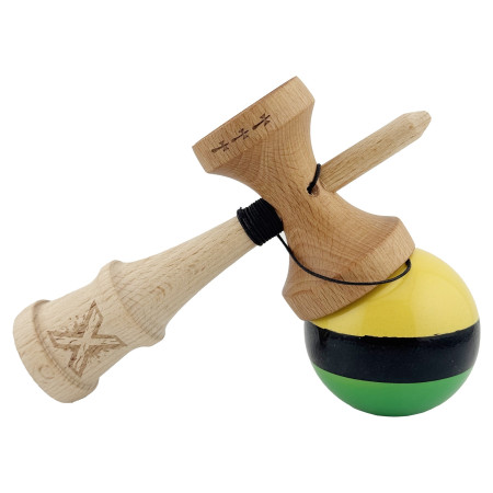 Kendama X Originala, Profesionala, Cyrax, Big Cups V2, Super Sticky cu Cupe Mari, Rulment Metalic, din lemn 18 cm, Ata 55 cm, Galben/Negru/Verde