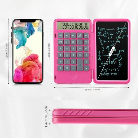 Calculator de Mana Reincarcabil cu Tabla de Scris,  Calculator Portabil, Ecran LCD, Afisaj cu 12 Cifre, Ecran de 15 cm, Culoare Roz