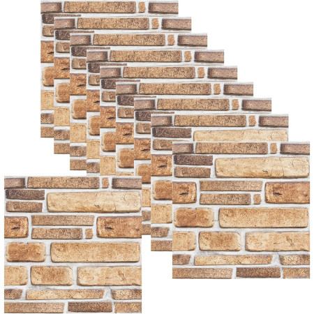 Set 10 Placi Tapet 3D,  30 x 30 cm, din PVC, Tip Piatra, Suprafata acoperita 0.9 mp, Autoadeziv, Bej