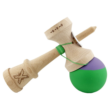 Kendama X Originala, Profesionala, Cyrax, Rubber Grip, Cupe Mari KING SIZE V3, Gaura in Baza, Rulment Metalic, din lemn 18 cm, Ata 62/65 cm, Bicolor Mov/Verde