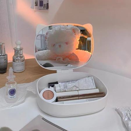 Cutie cu Oglinda, Model Pisica, Cyrax, 4 Compartimente, Cutie de Depozitare a Machiajelor si Accesoriilor, Oglinda de Machiaj, 17x13x6cm, Alb