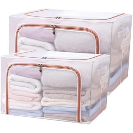 Cutie de Depozitare Pliabila,  Cu Fereastra si Fermoar Dublu Rosu, 66 L, Textil, 50x40x33 cm, Cadru Metalic, Impermeabila, Transparent