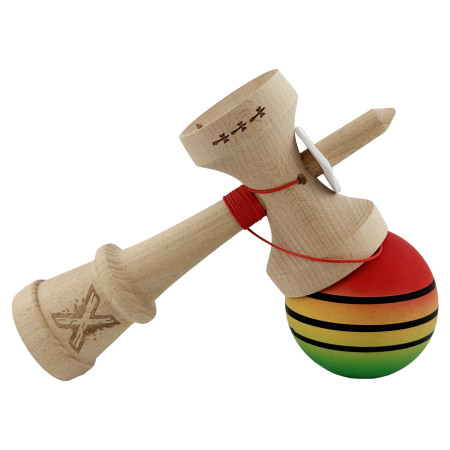 Kendama X Originala, Profesionala, Cyrax, Rubber Grip, Cupe Mari KING SIZE V3, Gaura in Baza, Rulment Metalic, din lemn 18 cm, Ata 62/65 cm, Special Rosu/Galben/Verde
