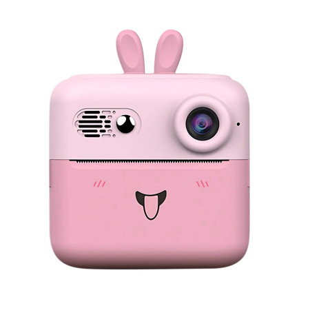 Camera Instantanee pentru Copii, Cyrax, cu Functie de Printare, Cablu USB-C, Bluetooth, Compatibil iOS/Android, Imprimare APP, Model Iepure, Snur de Agatat Inclus, Roz