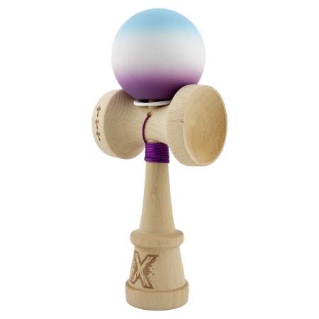 Kendama X Originala, Profesionala, Cyrax, Cupe Mari KING SIZE V3, Rubber Grip, Gaura in Baza, Rulment Metalic, din lemn 18 cm, Ata 62/65 cm, Gradient Albastru deschis/Alb/Mov