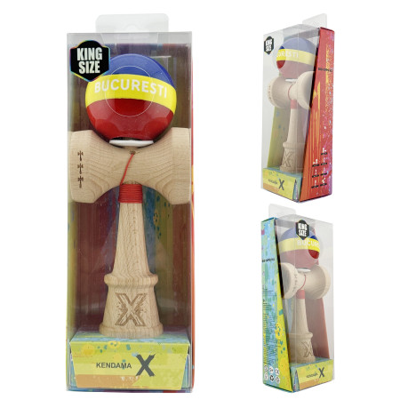 Kendama X Originala, Profesionala, Cyrax, Tricolor Edition BUCURESTI, Super Sticky cu Cupe Mari KING SIZE V3, Rulment Metalic si Gaura in Baza, din Lemn 18 cm, Ata 62/65 cm, Multicolor