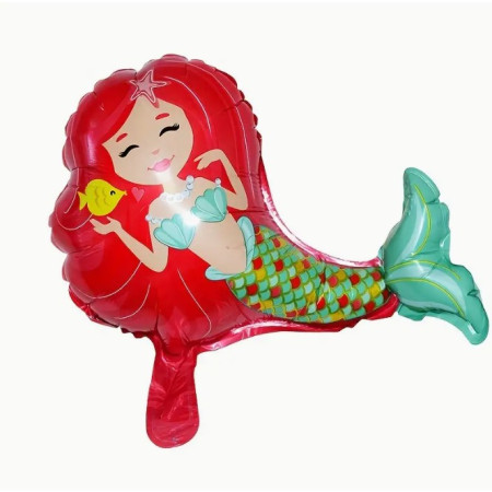 Balon din Folie Metalizata, Cyrax, Mini Figurine, Model Sirena cu Par Rosu, Tematica Aniversare, 39x37 cm, Ambalaj Individual, Pai Inclus, Umflare cu Aer sau Heliu, Multicolor