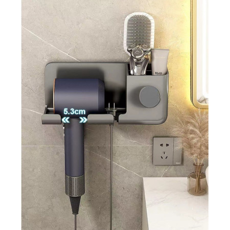Suport de Baie,  pentru Uscator de Par, cu Organizator Dublu, din Plastic, Aplicare cu Suport Adeziv, 23 x 8.8 x 9.5 cm, Gri