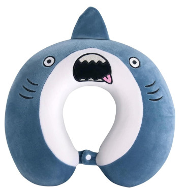 Perna de Calatorie in Forma de U,  Pentru Gat si Cap, Umplutura din Spuma cu Memorie, 30x30 cm, Model Rechin, Accesoriu de Voiaj, Birou, Masina, Sistem Prindere Capse, Albastru
