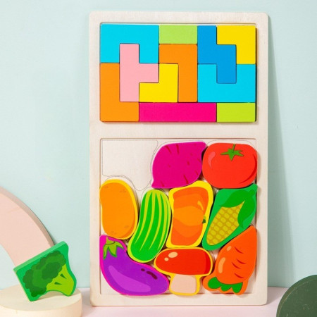 Puzzle Montessori din Lemn pentru Copii, Cyrax, Tip Tetris 2in1 +3 Ani, cu Legume Colorate 3D, Educativ, Intuitiv, Creativ, 21 de Piese, 28.5x17x1.2 cm, Multicolor