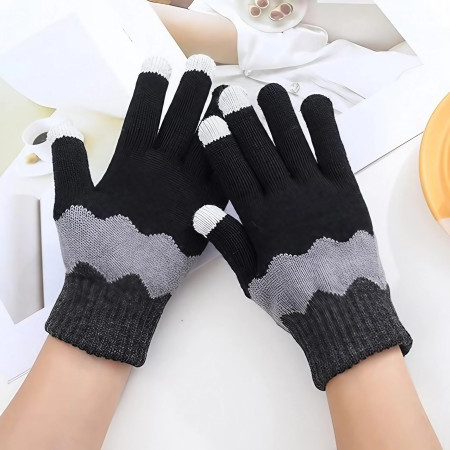 Manusi de Dama,  Model Ondulat, Functie Touchscreen (ecran tactil), Material Acril Tricotat, Manseta Elastica, Interior Catifelat, Marime Universala, Negru/Gri
