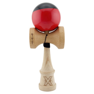 Kendama X Originala, Profesionala, Cyrax, Big Cups V2, Super Sticky cu Cupe Mari, Rulment Metalic, din lemn 18 cm, Ata 55 cm, Negru/Rosu
