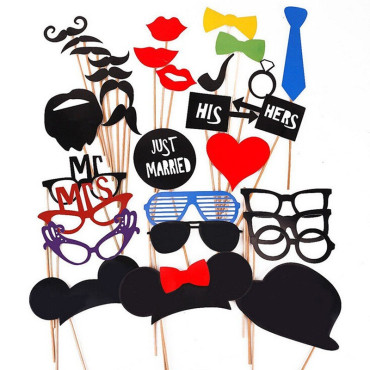 Set 31 de Accesorii pentru Petrecere, Cyrax, Props pentru Coltul de Poze, Ochelari, Palarii, Mustata, Cravata, Tematica Nunta, Multicolor