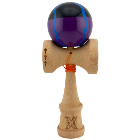 Kendama X Originala, Profesionala, Cyrax, Big Cups V2, Super Sticky Cupe Mari, Rulment Metalic cu Ata 55 cm, Negru Mov cu Linii