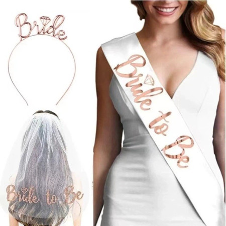 Set de Accesorii pentru Mireasa, Cyrax, Coronita, Panglica, Stickere, Voal, Model Bride To Be, Tematica Nunta, Alb-Roz