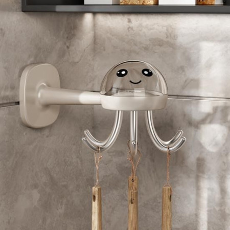 Suport Cuier pentru Perete,  Model Caracatita, Adeziv, 10 x 8.5 cm, 6 Brate, Crem