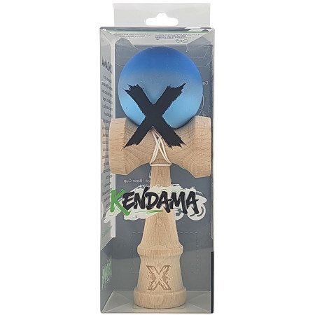 Kendama X Originala, Profesionala, Cyrax, din Lemn, Rubber Grip, 18 cm, Albastru inchis/Gri/Albastru deschis