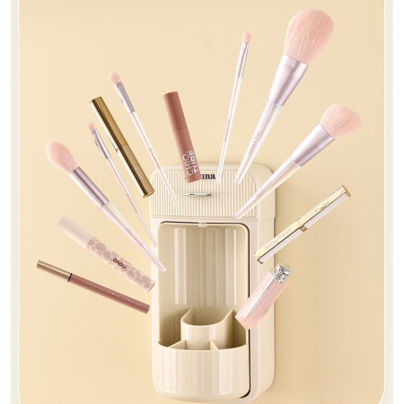 Organizator Baie, Cyrax, 4 Compartimente si 1 Sertar, Rotire 360 Grade, din PP+PET, 27.5 x 16 x 11 cm, Crem