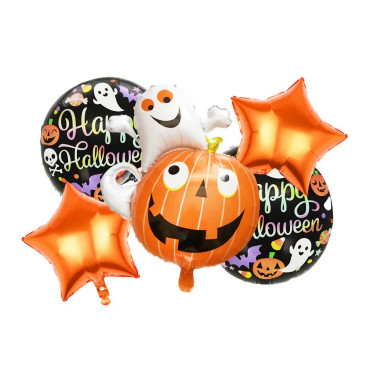 Set 5 Baloane din Folie Metalizata, Cyrax, Figurine, Tema Halloween, Pai Inclus, Ambalaj Individual, Umflare cu Aer sau Heliu, Figurina Dovleac cu Fantoma 64x80 cm, Stelute si Cerculete 45 cm, Multicolor