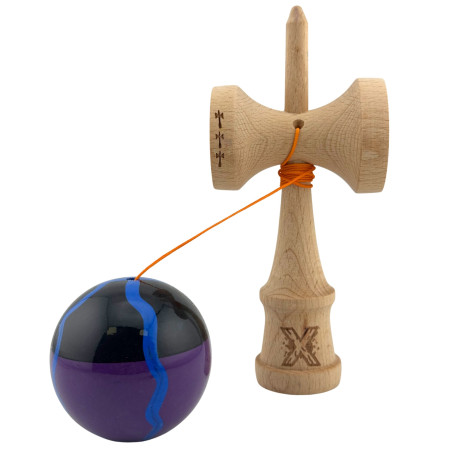Kendama X Originala, Profesionala, Cyrax, Big Cups V2, Super Sticky Cupe Mari, Rulment Metalic cu Ata 55 cm, Negru Mov cu Linii