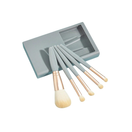 Set 5 Pensule de Machiaj cu Peri Moi, Cyrax, cu Suport pentru Depozitare si Oglinda, Albastru