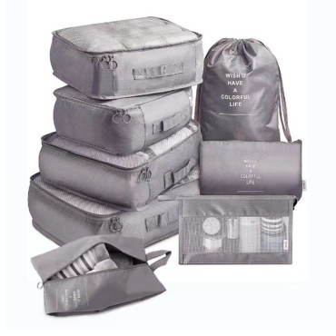 Set 8 huse organizare bagaj  material poliester, impermeabil, cu fermoar, pentru calatorii sau dulap, sac pentru pantofi inclus, pliabil, gri