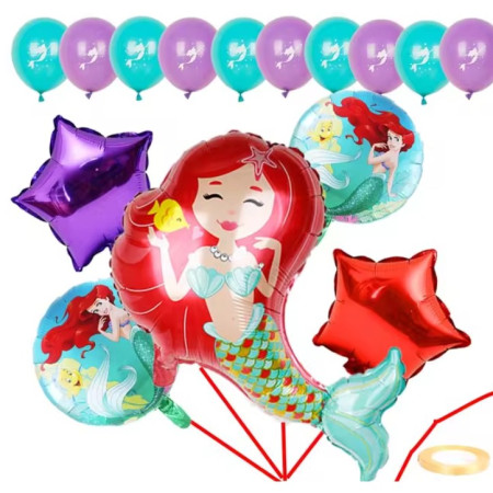 Balon din Folie Metalizata, Cyrax, Mini Figurine, Model Sirena cu Par Rosu, Tematica Aniversare, 39x37 cm, Ambalaj Individual, Pai Inclus, Umflare cu Aer sau Heliu, Multicolor