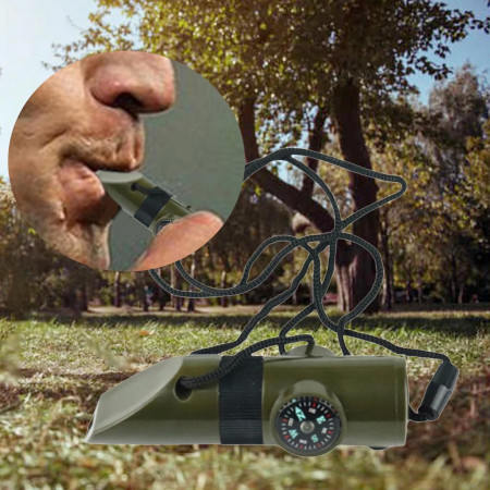 Kit supravieturie  Fluier multifunctional 7 in 1, pentru drumetii, hiking, lupa, fluier, termometru, depozitare pastile, busola, din material ABS, cu snur,  9,7 x 2,8 cm, verde