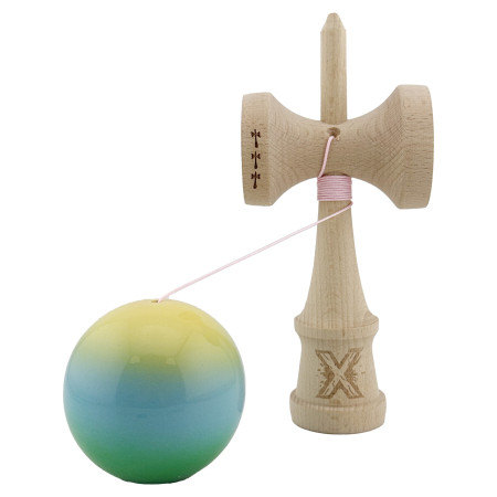 Kendama X Originala, Profesionala, Cyrax, Big Cups V2, Super Sticky Cupe Mari, Rulment Metalic cu Ata 55 cm, Galben/Albastru deschis/Verde
