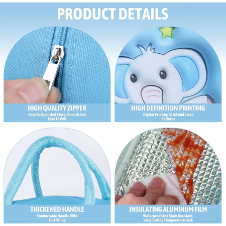 Geantă Frigorifică, Cyrax, cu Desene Animate 3D, Portabilă pentru Copii, de Prânz, din Pânză Oxford, 23x13x19 cm, Model Elefantel, Albastru